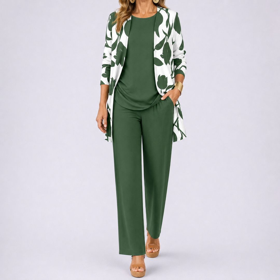Brenda Women's 3 Piece Set with Floral Cardigan, Scoop Top and Wide Leg Trousers - Elena Harper