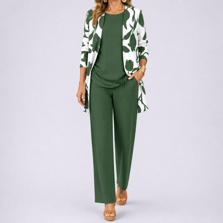 Brenda Women's 3 Piece Set with Floral Cardigan, Scoop Top and Wide Leg Trousers - Elena Harper