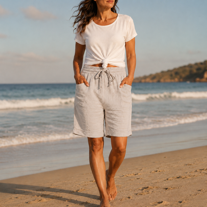 Brisella Crinkle Bermuda Shorts with Drawstring Waist and Pockets - Elena Harper
