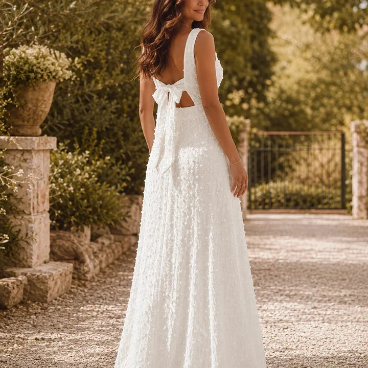 Aveline Textured Square Neck Maxi Dress with Back Bow - Elena Harper