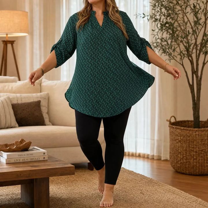 Drapella Geometric Print V-Neck Tunic Blouse with Roll-Tab Sleeves - Elena Harper