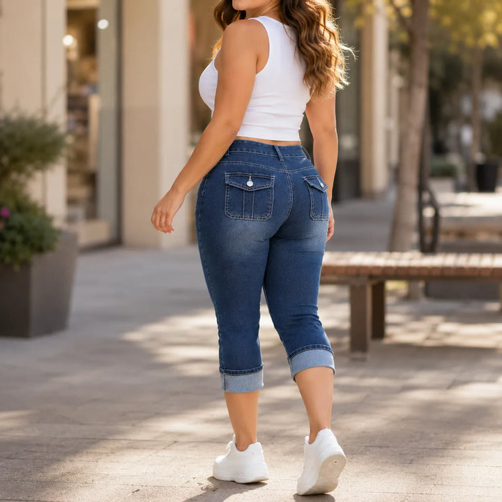 Curvella Curvy Fit Stretch Denim-like Capri Jeans, Mid Rise Cuffed Hem - Elena Harper