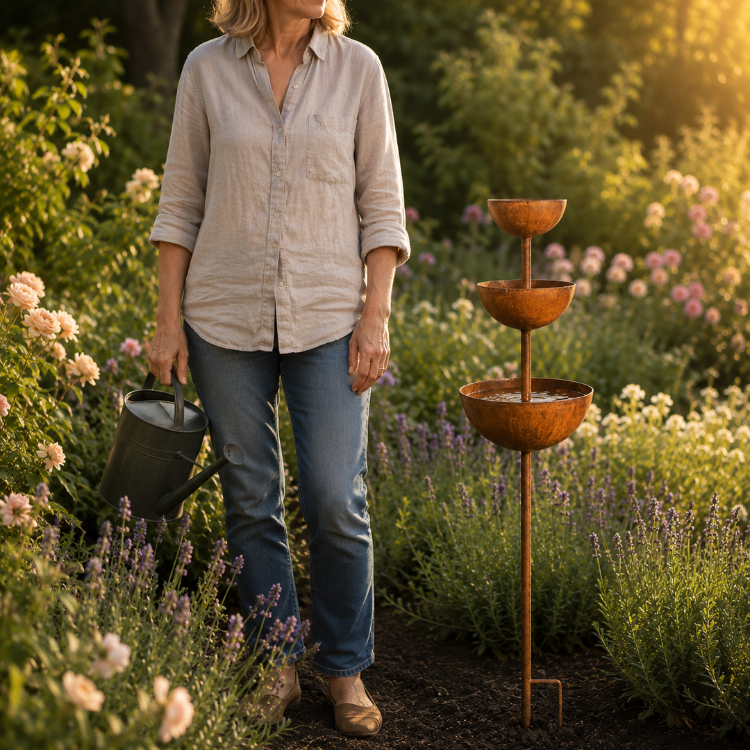 Birdwell – Rustic Iron Bird Bath Garden Stake with 3 Cascading Bowls