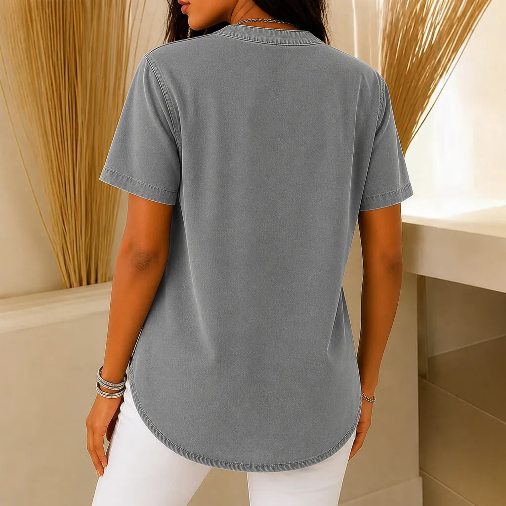 Avelyn Henley Tunic Top with Side Buttons for Women - Elena Harper
