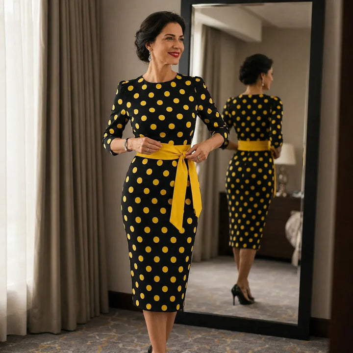Belora Retro Polka Dot Midi Dress with Belted Waist - Elena Harper