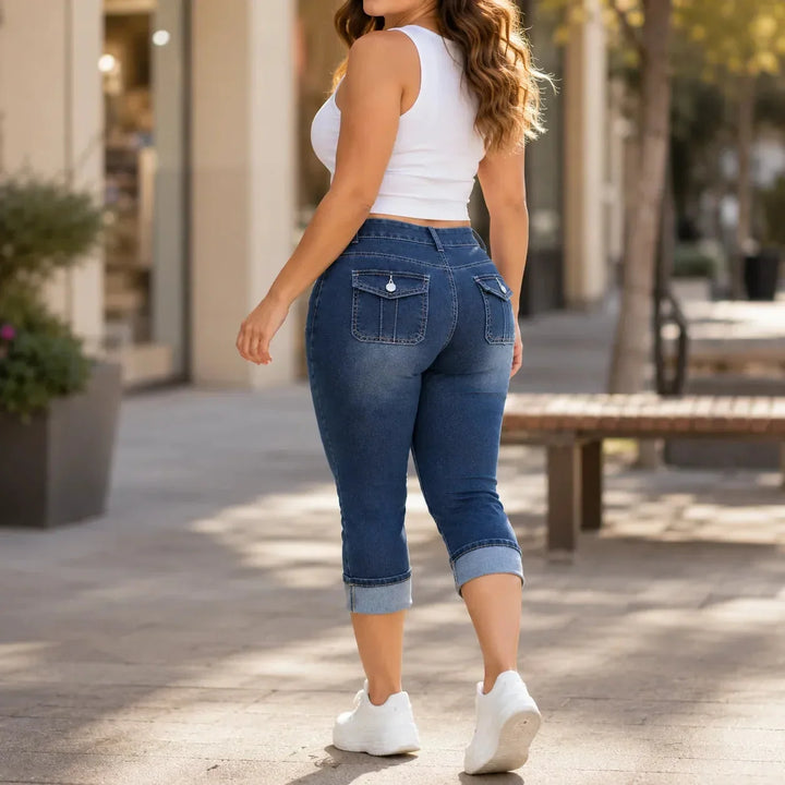 Curvella Curvy Fit Stretch Denim-like Capri Jeans, Mid Rise Cuffed Hem - Elena Harper