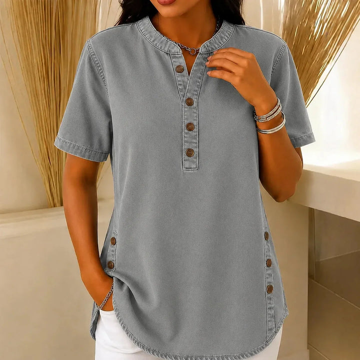 Avelyn Henley Tunic Top with Side Buttons for Women - Elena Harper