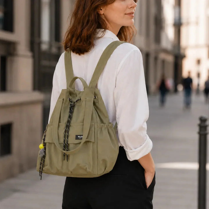 Carryall Convertible Drawstring Canvas Tote Backpack with Cargo Pockets - Elena Harper