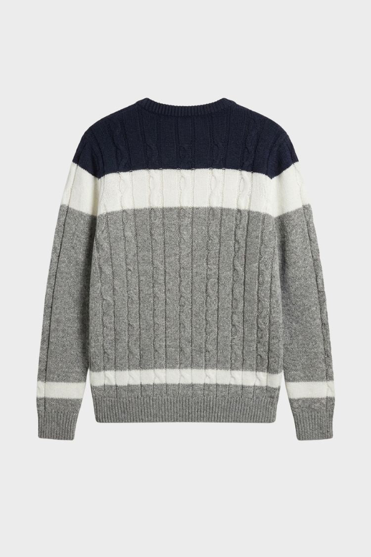 Men's Sweater Cable Knit Color Block Crew Neck Long Sleeve with Ribbed Cuffs