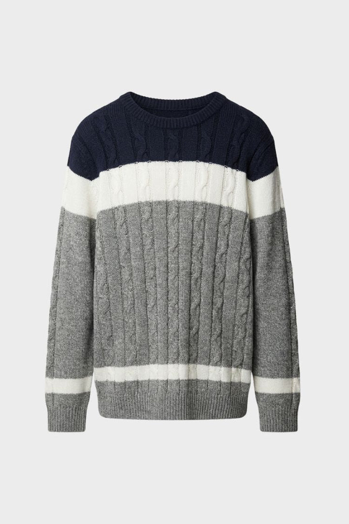 Men's Sweater Cable Knit Color Block Crew Neck Long Sleeve with Ribbed Cuffs