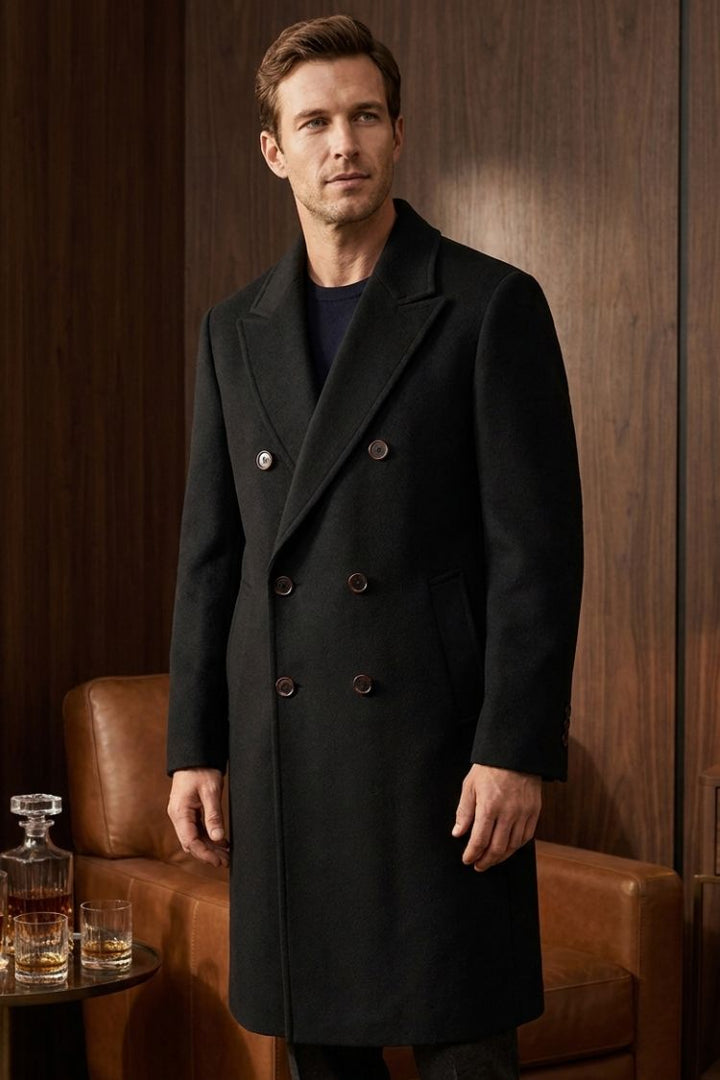 Men's Double-Breasted Coat | Notched Lapel & Long Form