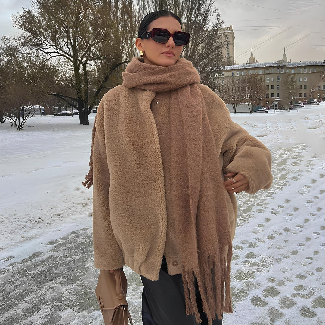 Adelaide Teddy Faux Fur Coat with Drop Shoulder Drape for Women - Elena Harper