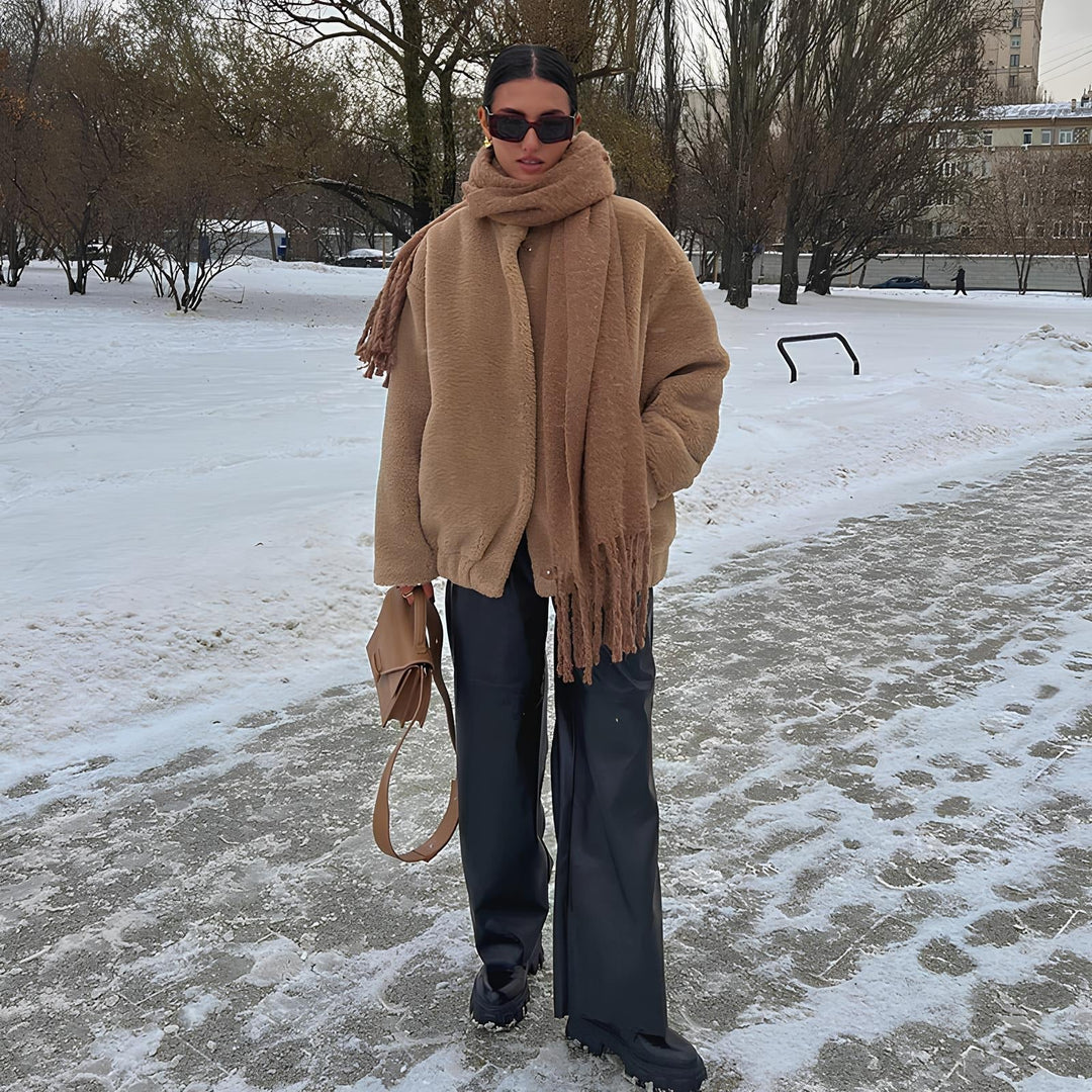 Adelaide Teddy Faux Fur Coat with Drop Shoulder Drape for Women - Elena Harper