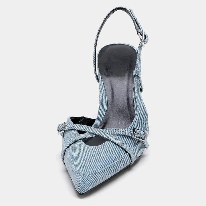 Lumiere Elegant Denim Slingback Pumps with Pointed Toe, view 3 - Elena Harper