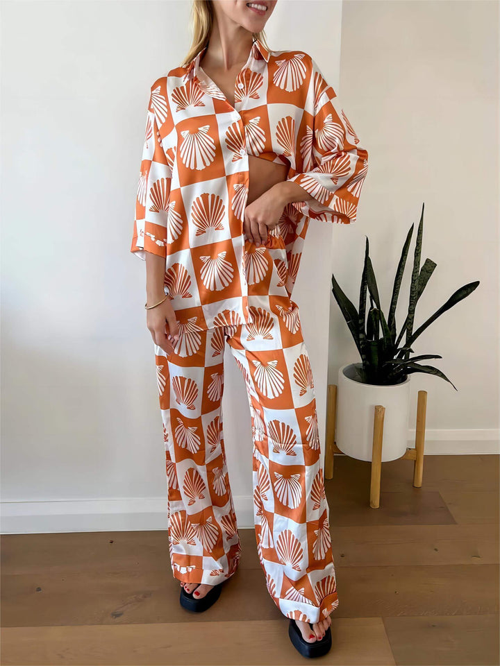 Special Satin Shell Print Wide Leg Pants-Set, view 5 - Elena Harper