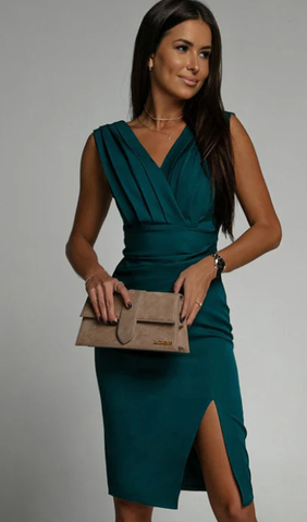 V-Neck Cocktail Wedding Guest Midi Dress - Elegant, Flattering
