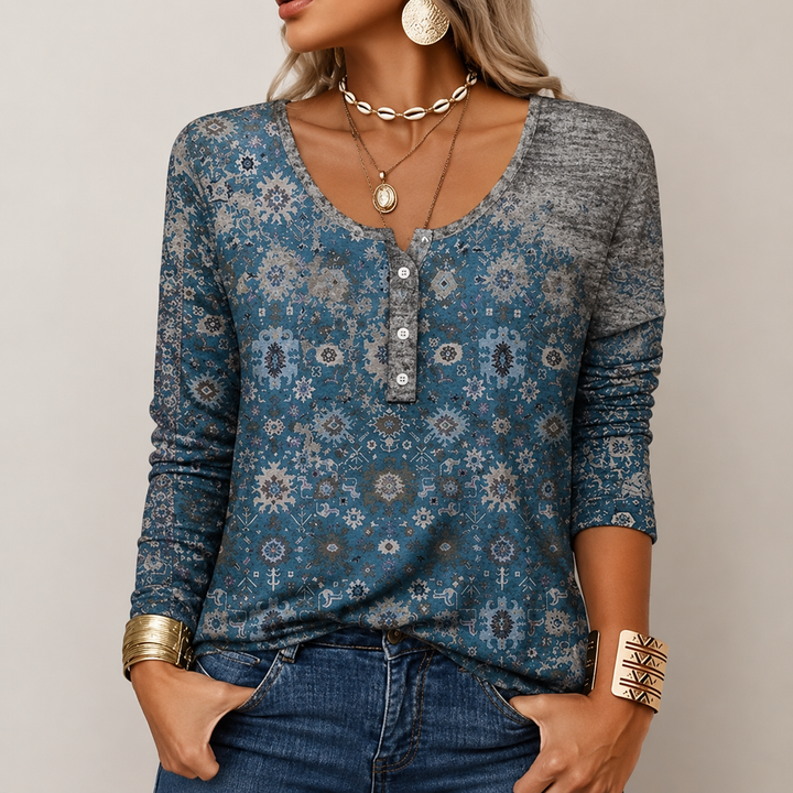 Hilde Elegant Sweater with Aztec Pattern, view 2 - Elena Harper