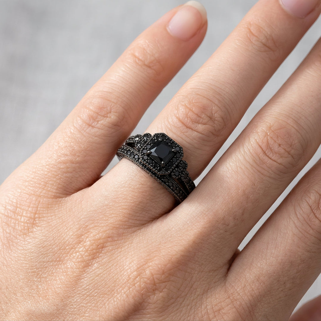 Adrian Vintage Ring Set in Black, view 2 - Elena Harper