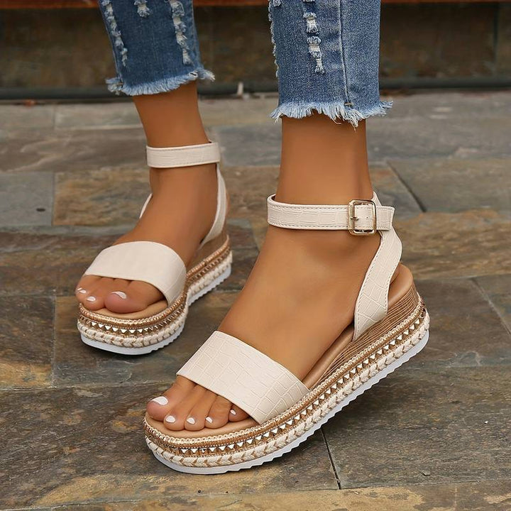 Women's Platform Strap Sandals - Apricot, Black & White