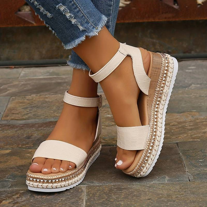 Women's Platform Strap Sandals - Apricot, Black & White