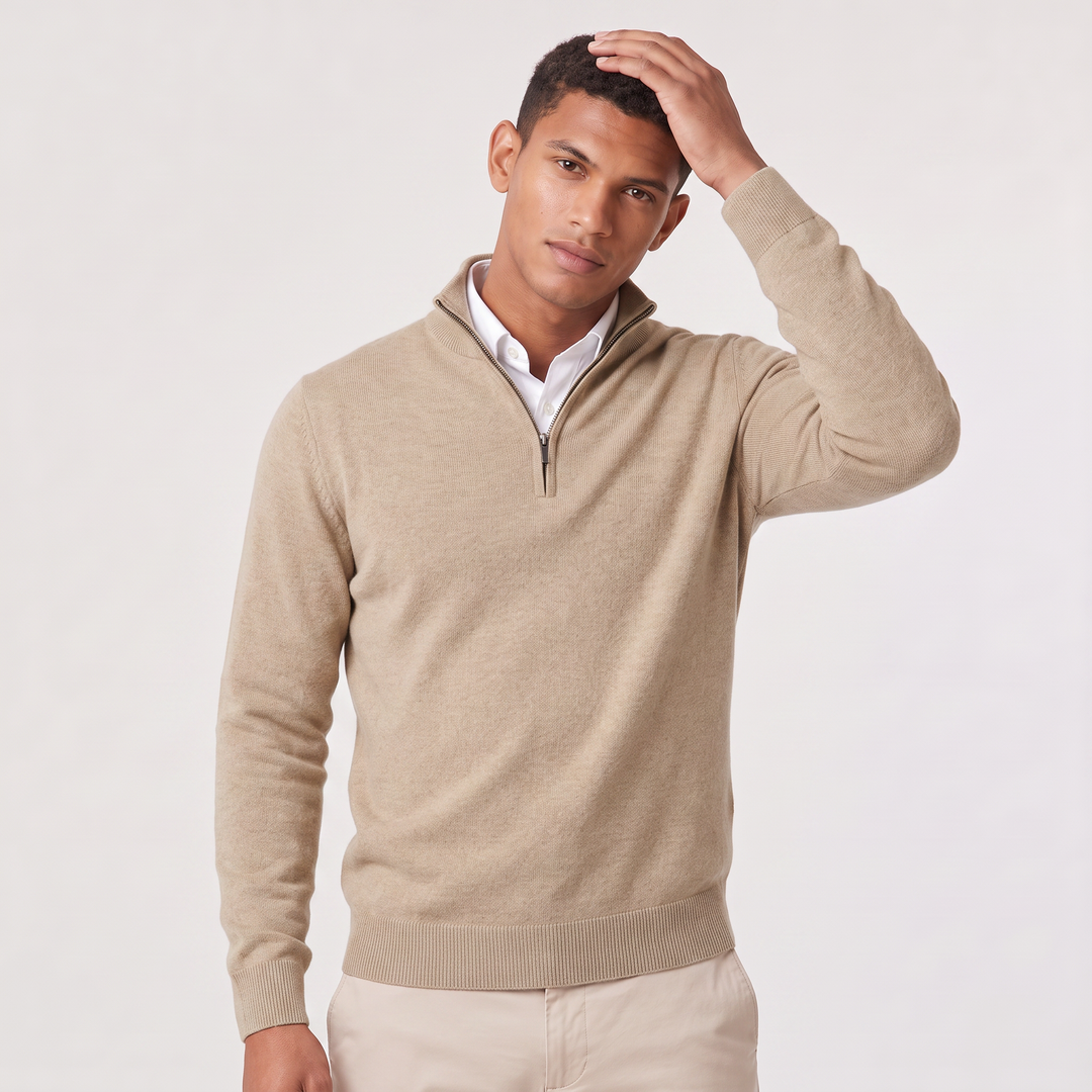 Montarello Men's Quarter-Zip Knitted-Look Sweater with Stand Collar, view 9 - Elena Harper