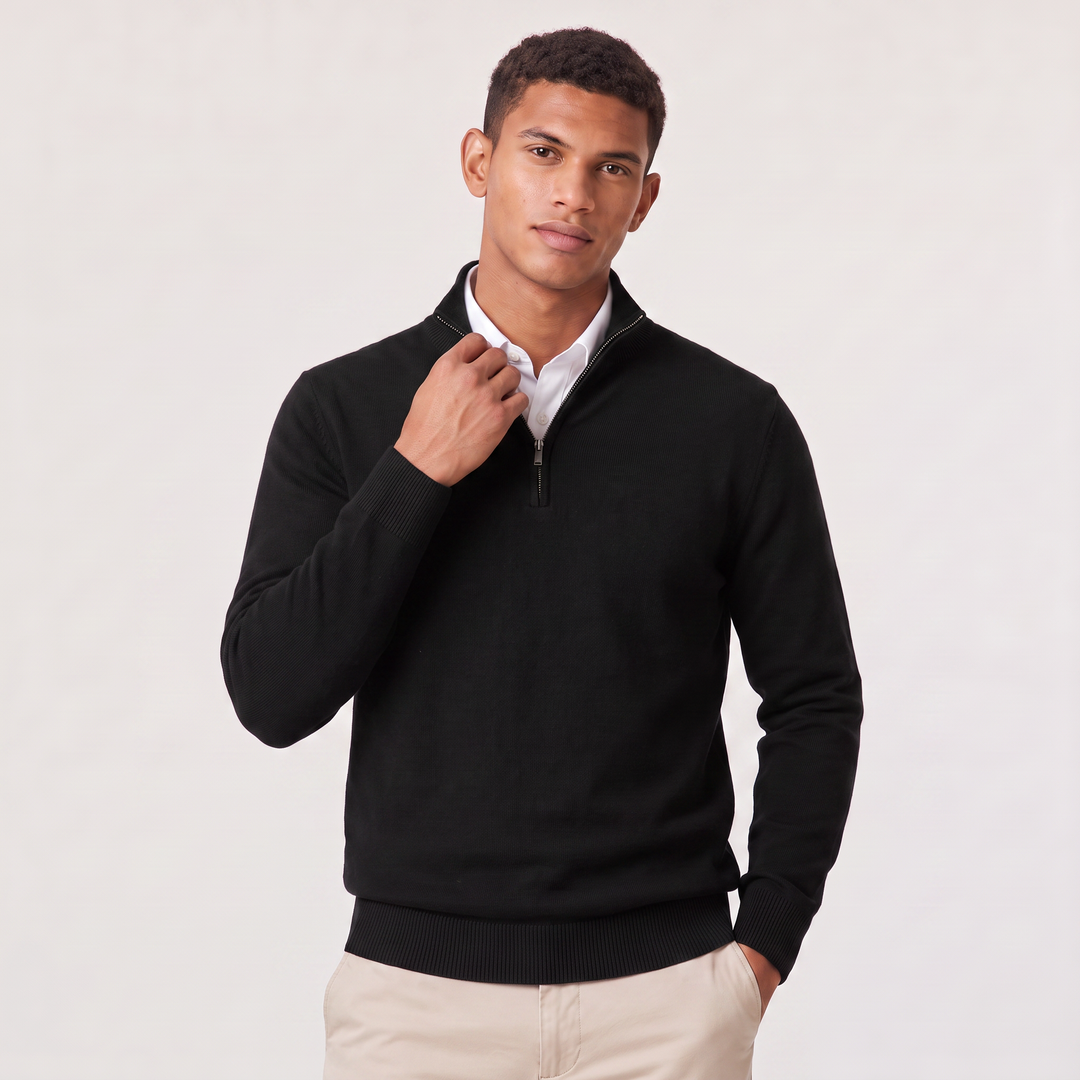 Montarello Men's Quarter-Zip Knitted-Look Sweater with Stand Collar, view 10 - Elena Harper
