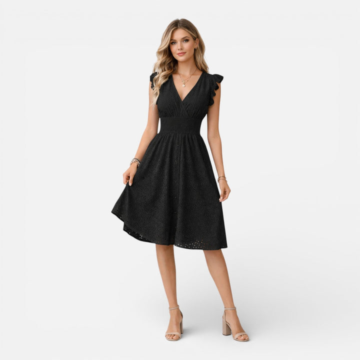 Embroidered Lace Midi Dress for Women – Elegant Style V-Neck Summer