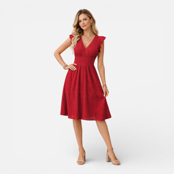 Embroidered Lace Midi Dress for Women – Elegant Style V-Neck Summer