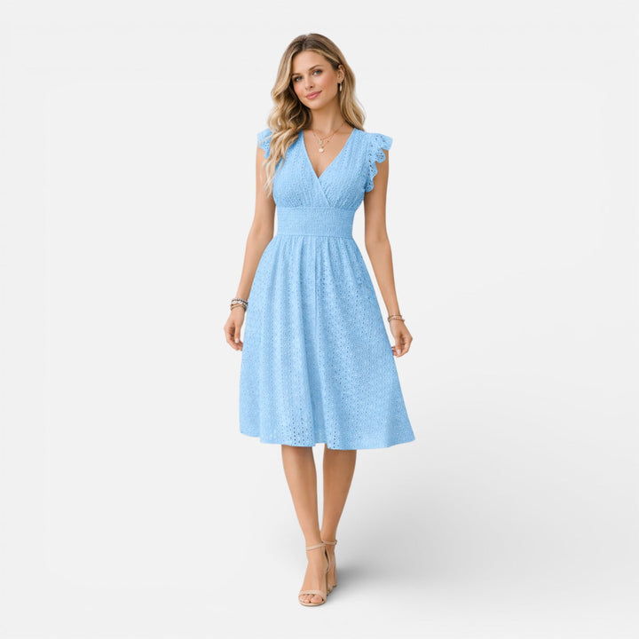 Embroidered Lace Midi Dress for Women – Elegant Style V-Neck Summer