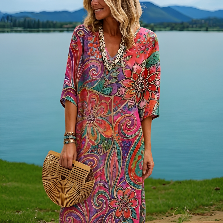 Amara Intensely Colored Dress with Floral Pattern - Elena Harper