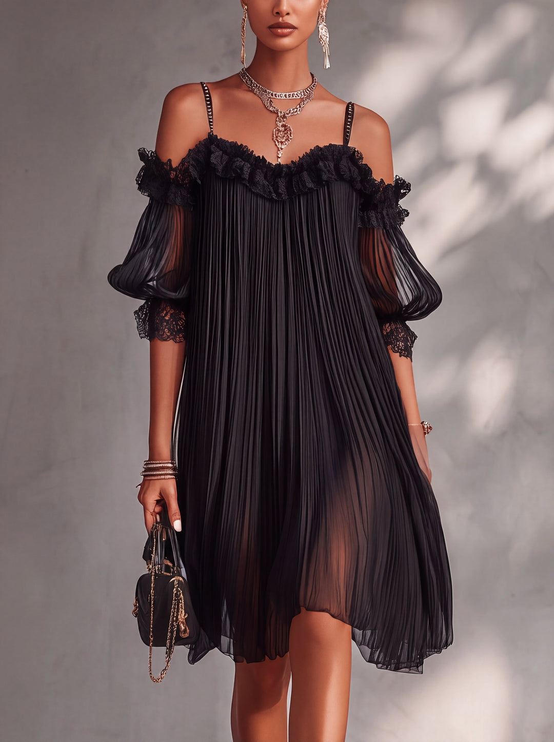Black Pleated Mini Dress for Women with Off-Shoulder Design