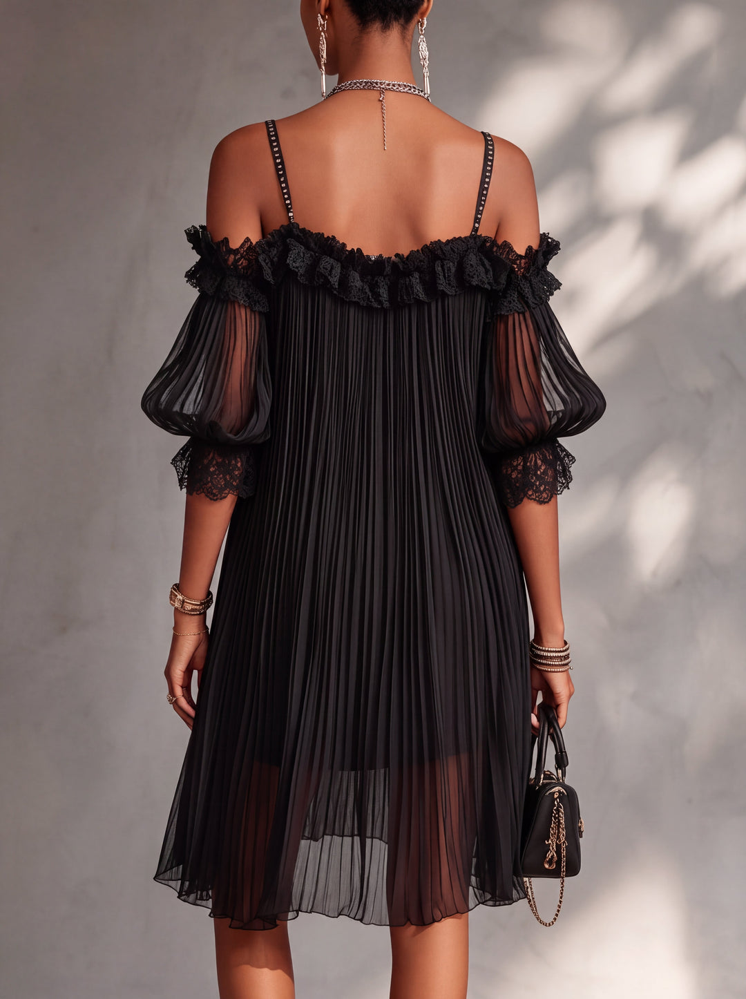 Black Pleated Mini Dress for Women with Off-Shoulder Design