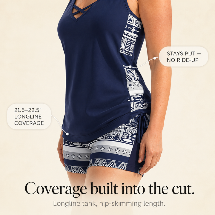 Coastella Longline Tankini Set with Boyshorts for Women, Full Coverage Two Piece Swimsuit - Elena Harper
