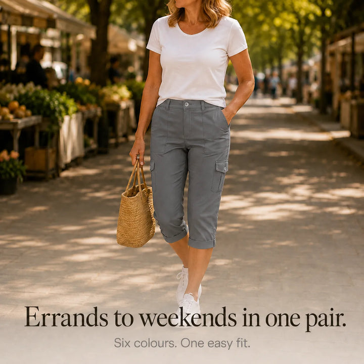 Caliva Cropped Cargo Capri Pants with Cuffed Hem and Pockets - Elena Harper