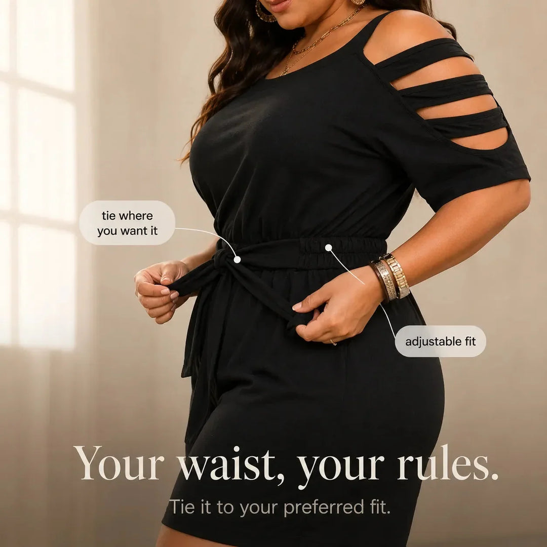 Curvella Cold-Shoulder Belted Romper with Tie Waist & Pockets - Elena Harper