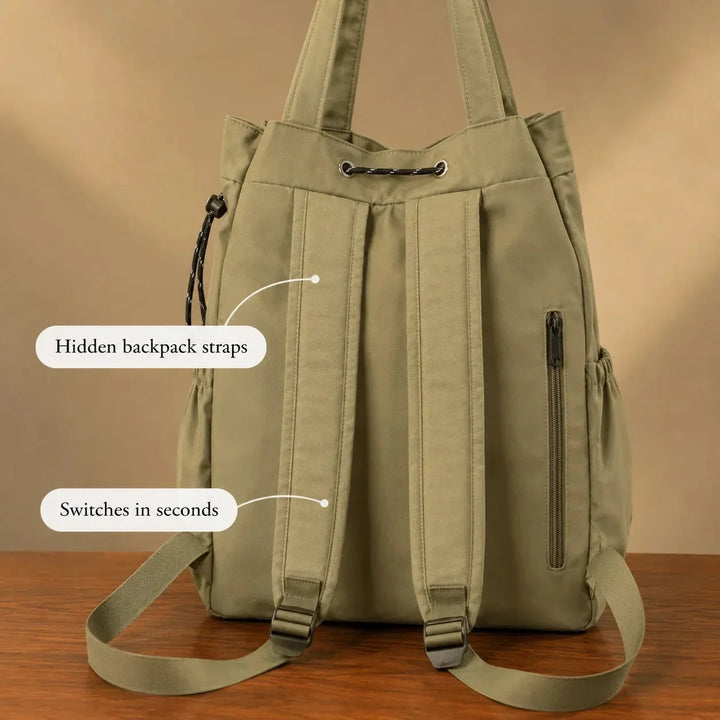 Carryall Convertible Drawstring Canvas Tote Backpack with Cargo Pockets - Elena Harper