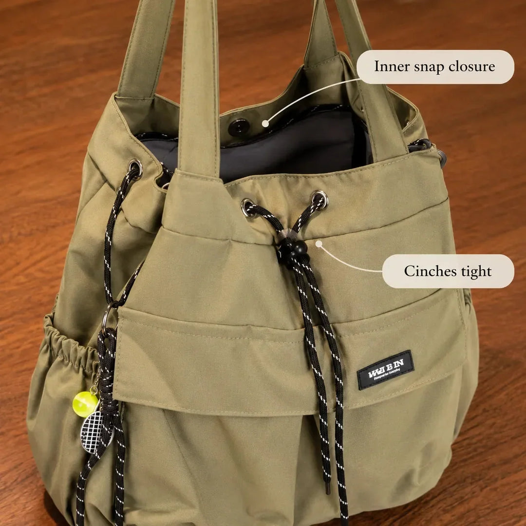 Carryall Convertible Drawstring Canvas Tote Backpack with Cargo Pockets - Elena Harper