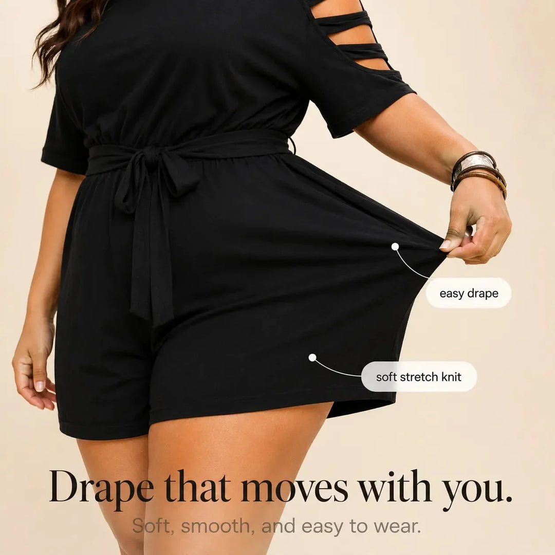 Curvella Cold-Shoulder Belted Romper with Tie Waist & Pockets - Elena Harper