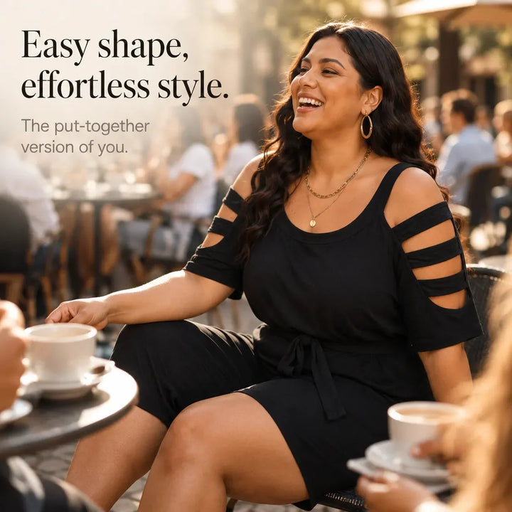 Curvella Cold-Shoulder Belted Romper with Tie Waist & Pockets - Elena Harper