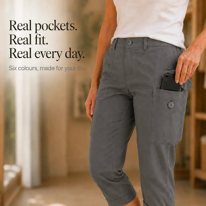 Caliva Cropped Cargo Capri Pants with Cuffed Hem and Pockets - Elena Harper