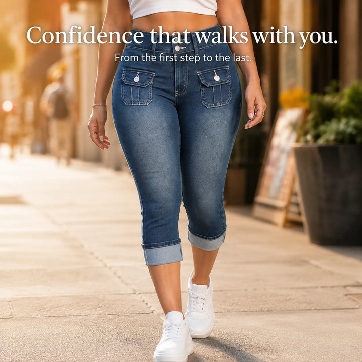Curvella Curvy Fit Stretch Denim-like Capri Jeans, Mid Rise Cuffed Hem - Elena Harper