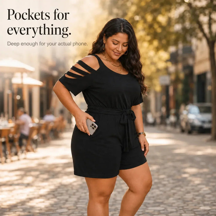 Curvella Cold-Shoulder Belted Romper with Tie Waist & Pockets - Elena Harper