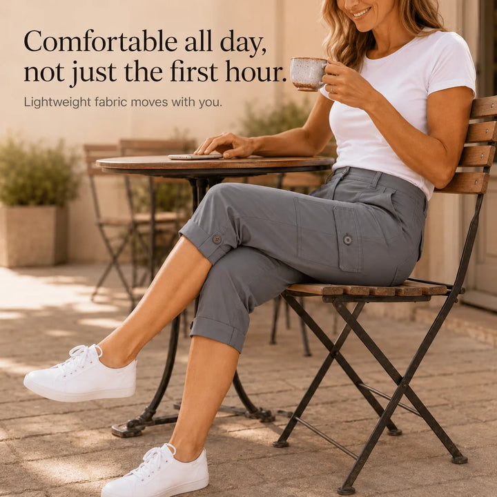 Caliva Cropped Cargo Capri Pants with Cuffed Hem and Pockets - Elena Harper