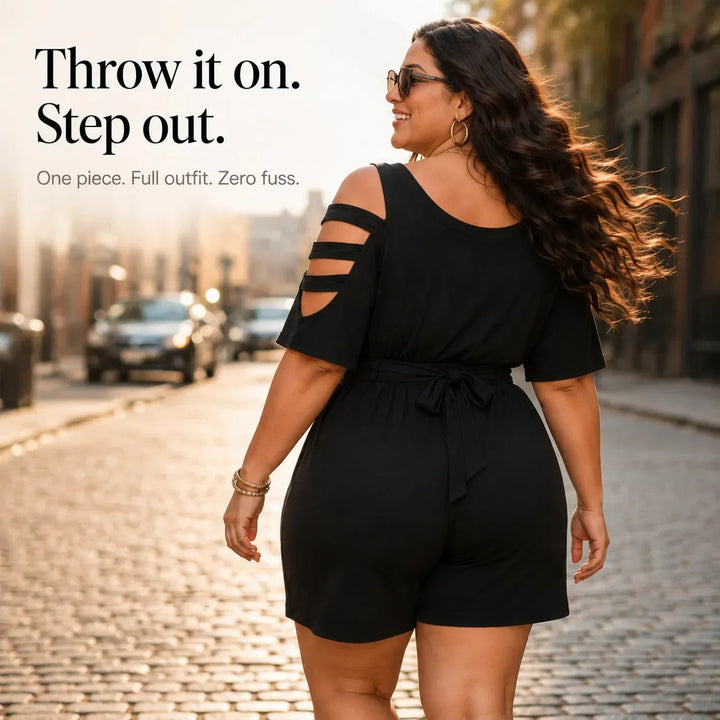 Curvella Cold-Shoulder Belted Romper with Tie Waist & Pockets - Elena Harper