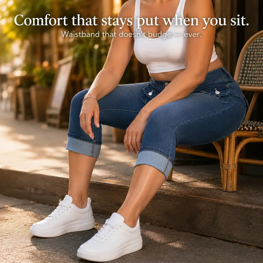 Curvella Curvy Fit Stretch Denim-like Capri Jeans, Mid Rise Cuffed Hem - Elena Harper