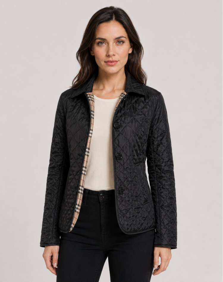 Elegant Quilted Women's Transitional Jacket with Buttoned Collar, view 2 - Elena Harper