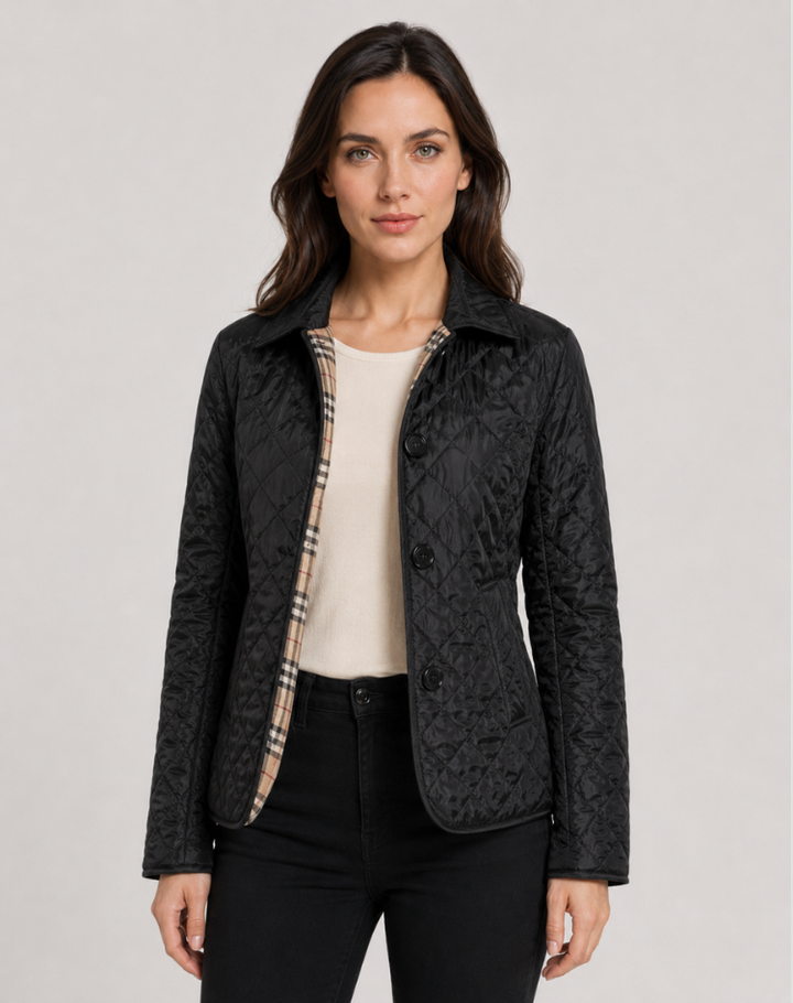 Elegant Quilted Women's Transitional Jacket with Buttoned Collar, view 2 - Elena Harper