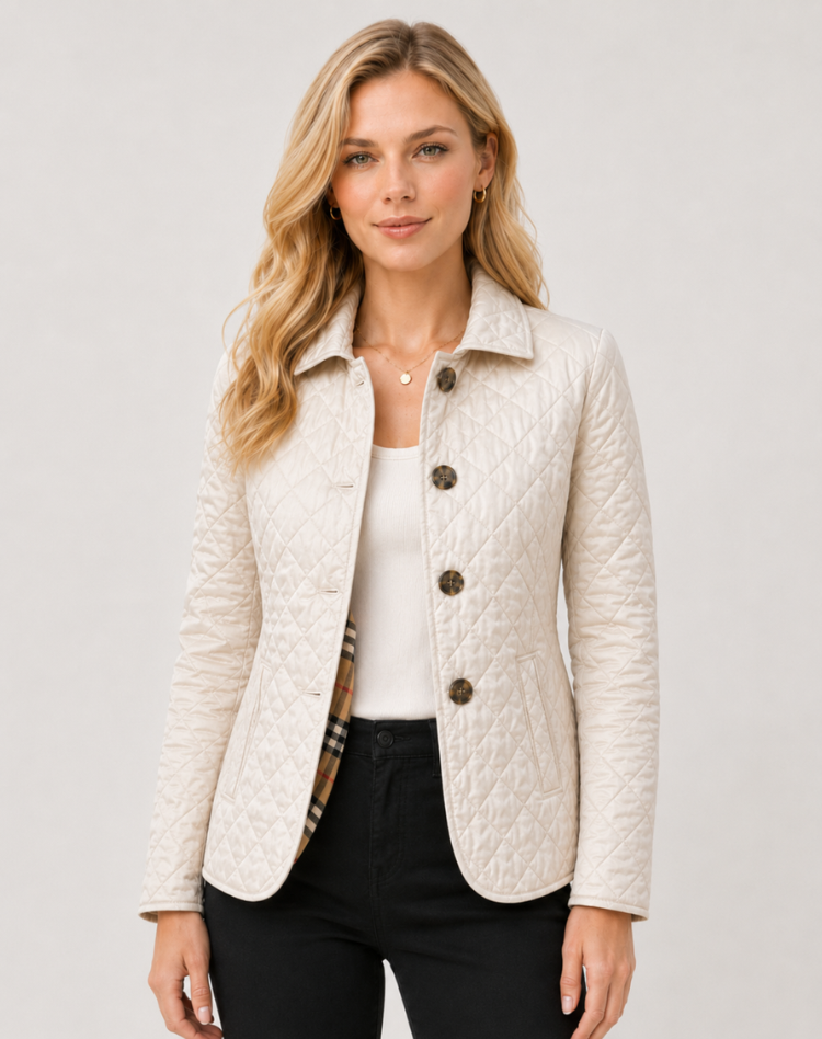 Elegant Quilted Women's Transitional Jacket with Buttoned Collar, view 3 - Elena Harper