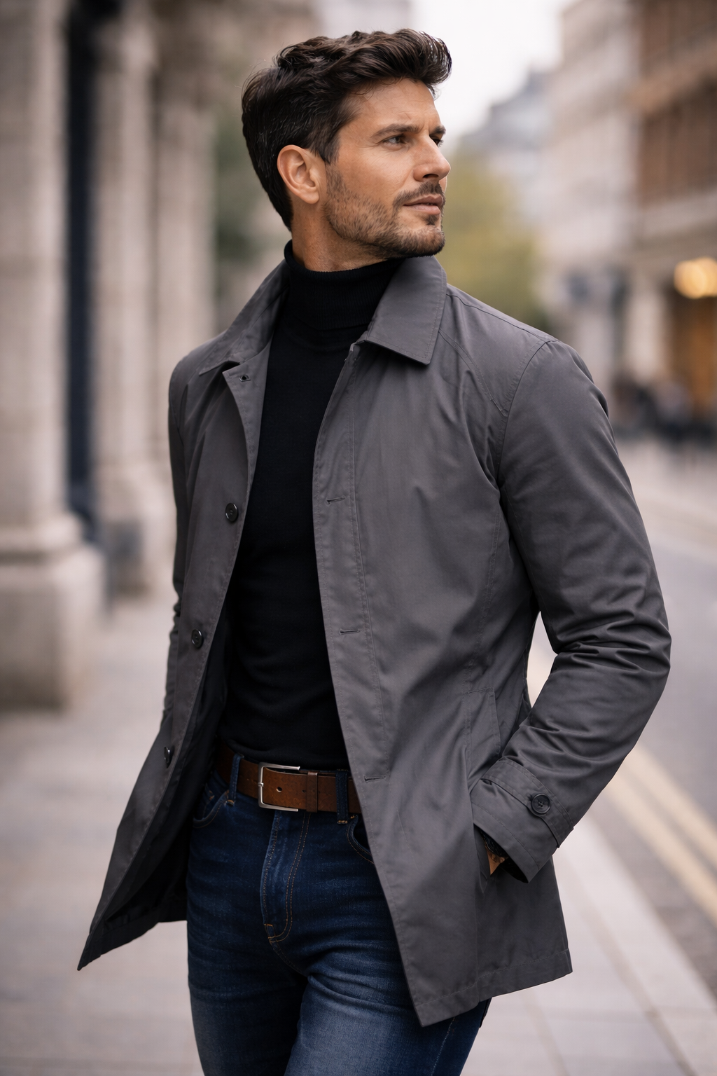 Lightweight Men's Trench Jacket with Pointed Collar and Button Placket