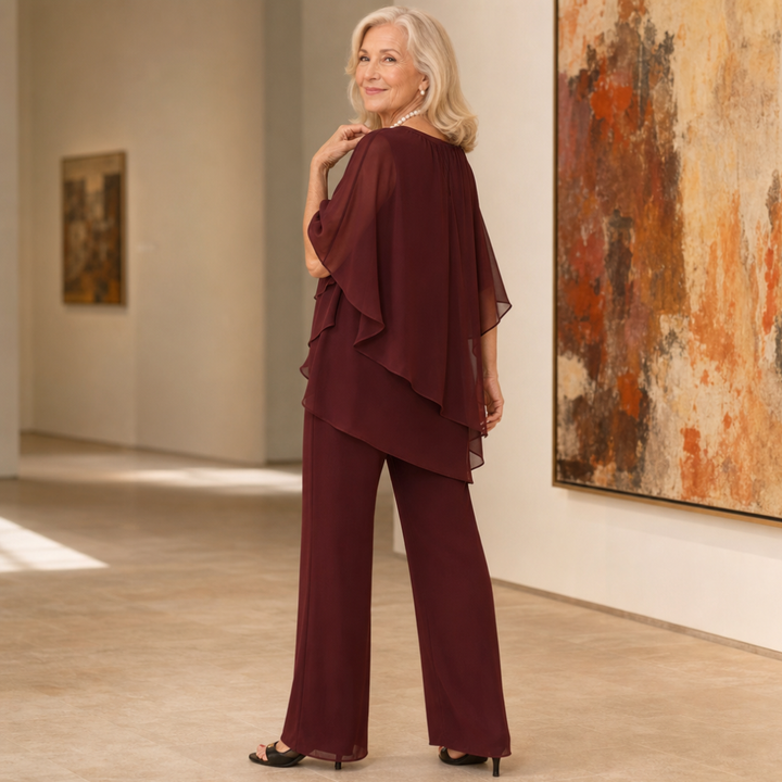 Draperie Asymmetric Chiffon-Overlay Wide-Leg Trouser Set - Elena Harper